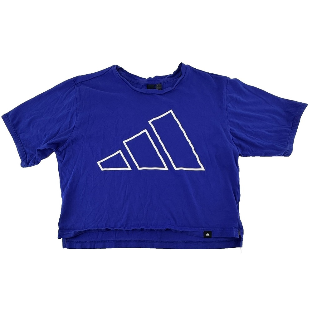 Adidas Womens Medium Blue Cropped Shirt Big Logo Athletic Tee Short Sleeve